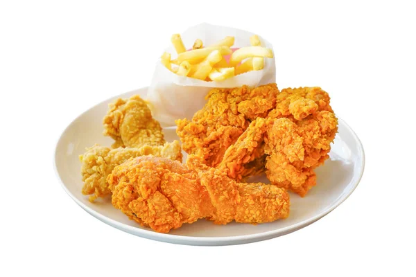 French Fries Fried Chicken White Plate Isolated White — Stok Foto