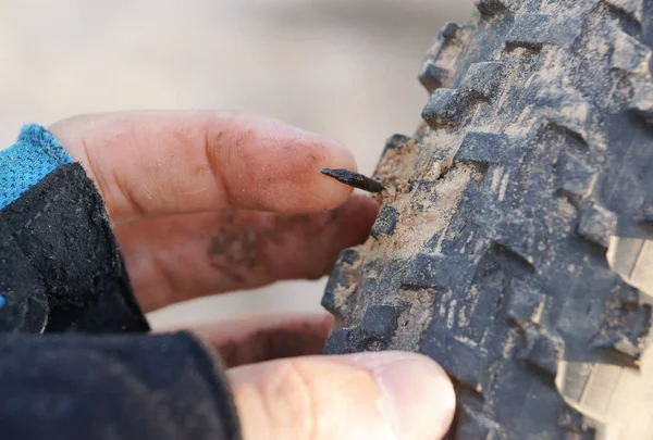 Hand of a cyclist touching a tire with a rusty nail / Bicycle with a puncture concept