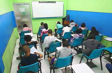 Hafta sonlarında bir küçük sınıfta okuyan genç öğrenciler / Asya öğrenciler eğitim sınıfları kavramı olan