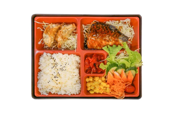 Box Japanese Food Consisted Rice Grilled Fish Vegetable Salad Fried — Stock Photo, Image