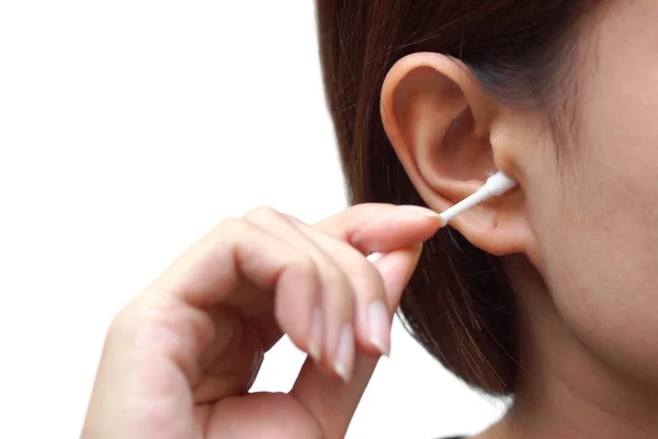 Removing Ear Wax Using Cotton Bud Isolated White Copy Space — Stock Photo, Image