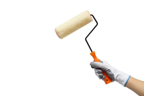 Hand Holding Paint Roller Brush Isolated White — Stock Photo, Image