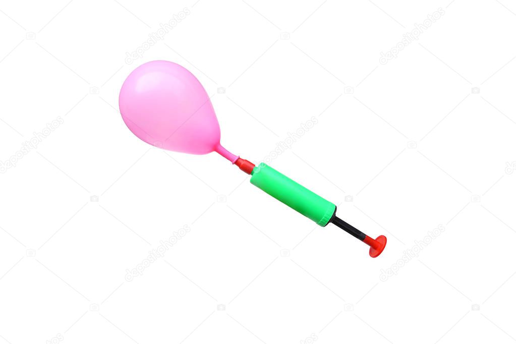 Toy for kids - A pink balloon with an air pump isolated on white                             