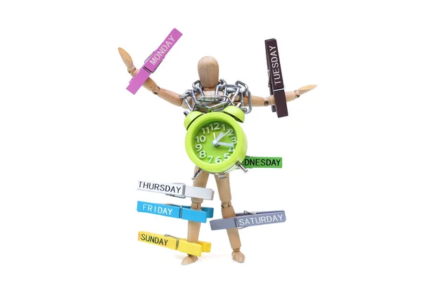 Time Management Wood Figure Mannequin Wooden Clips Labelled Days Week — Stock Photo, Image