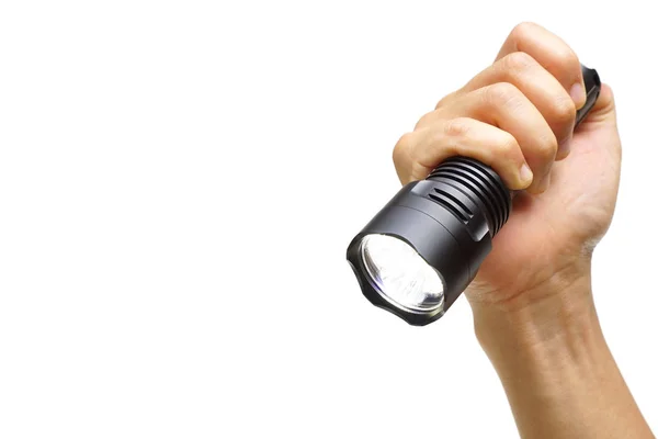 Handen Håller Bigled Fackla Isolerad Vit Bakgrund Ficklampa För Camping — Stockfoto