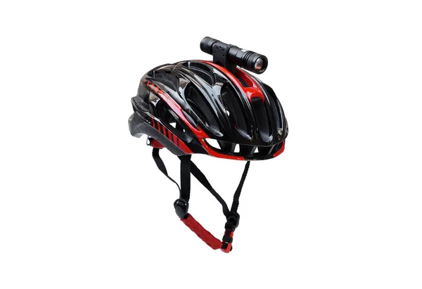 Fahrrad Led Taschenlampe Für Nachtfahrten Auf Einem Mountainbike Helm Installiert — Stockfoto
