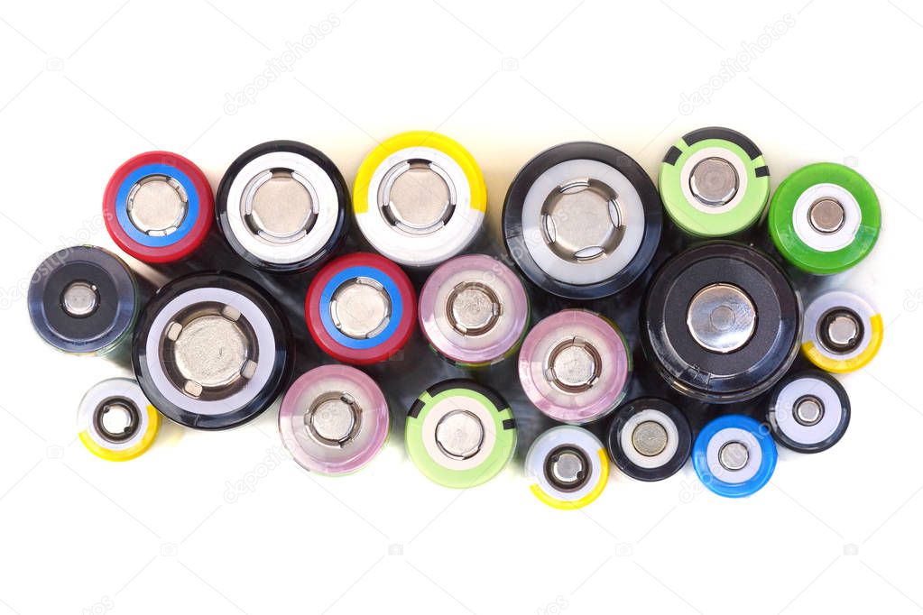 Top view of different sizes of Lithium ion batteries isolated on white                            