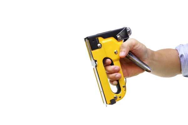 Hand Hält Eine Schwere Klammerpistole Einsatz Mit Holzarbeiten Isoliert Auf — Stockfoto