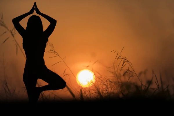 Gün batımında Siluet Asya kadın yoga.