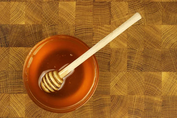 Honey Bowl Stick Wooden Board — Stock Photo, Image
