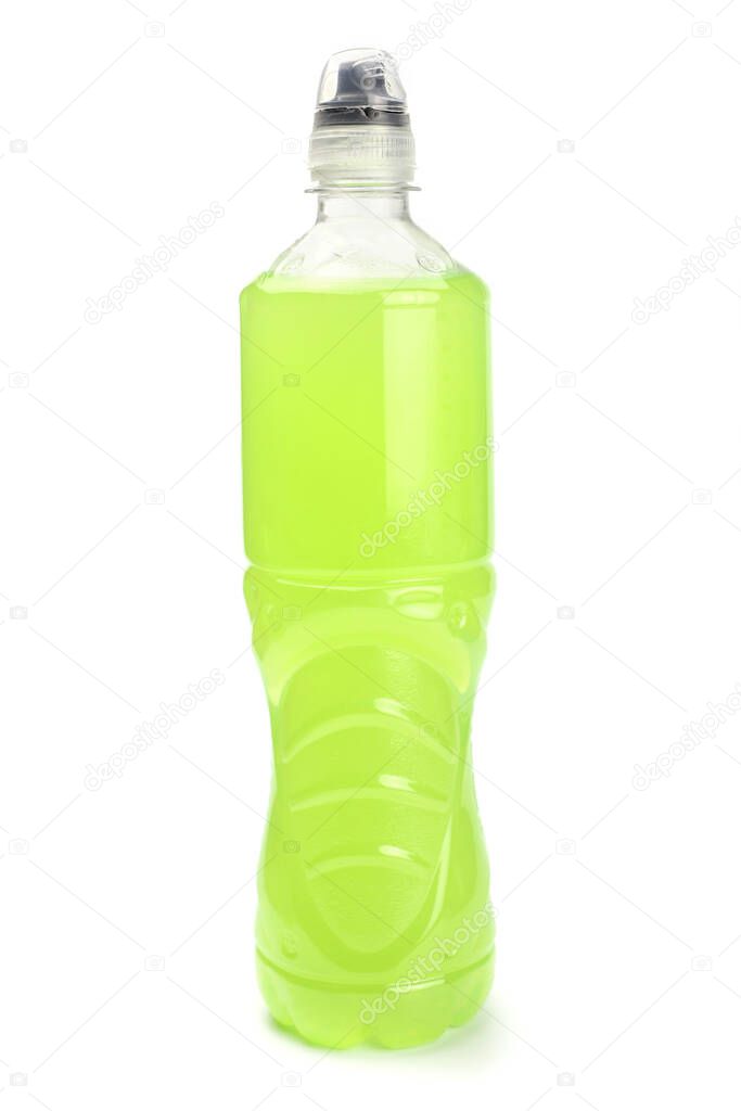 Isotonic energy drink. Sports nutrition. Bottle with green liquid