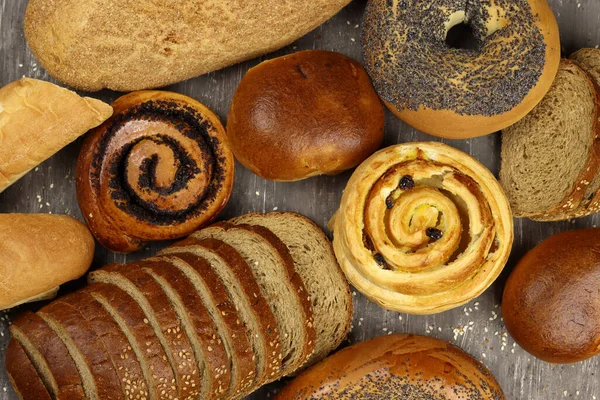 Panadería Pan Panadería Panecillos Rosquillas Sobre Fondo Gris — Foto de Stock