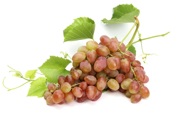 Rijpe Roze Druiven Met Bladeren Geïsoleerd Wit — Stockfoto