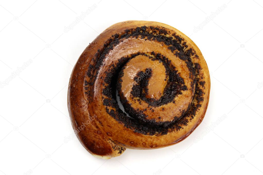Fresh snail bun with poppy isolated on white