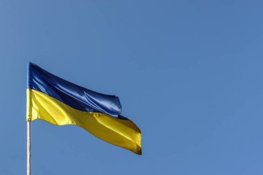 Ukrayna ulusal bayrağı mavi gökyüzüne karşı rüzgarda dalgalanıyor