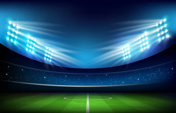 Stade Football Terrain Gazon Vert Avec Projecteur Nuit Illustration Vectorielle — Image vectorielle