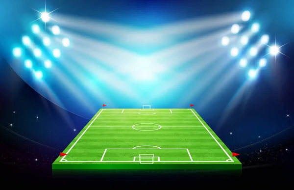 Voetbal Stadion Greeen Gras Voetbalveld Met Spot Licht Bij Nacht — Stockvector