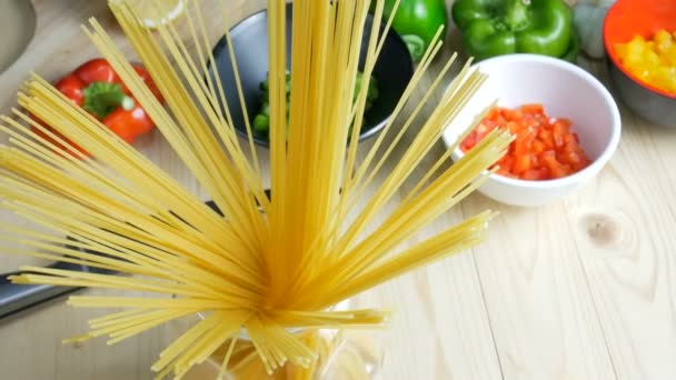 Spaghetti Pasta Glass Jar Ingredient Wooden Table — Stock Video