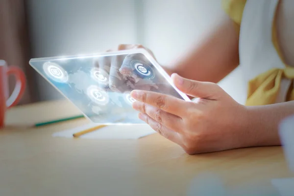 Close Shot Asian Woman Using Clear Tablet Futuristic Cyber Technology — Stock Photo, Image