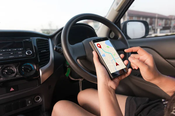 Hand Woman Using Smartphone Gps Navigator Map Application Suv Car — Stock Photo, Image