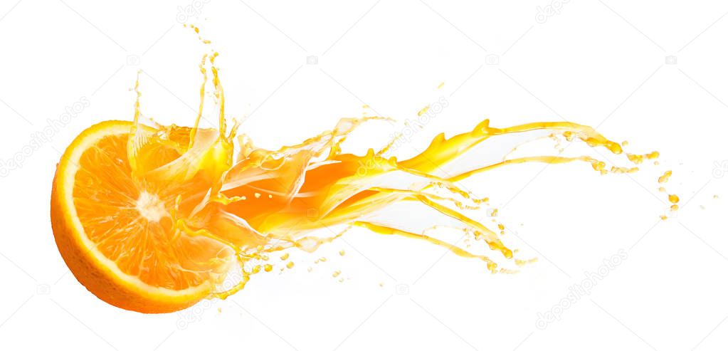 Collection of Fresh half of ripe orange fruit floation with orange juice splash, isolated on white background