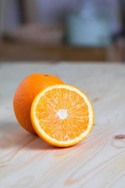 Half Slide Fresh Nature Ripe Orange Wooden Table High Vitamin — Stock Photo, Image