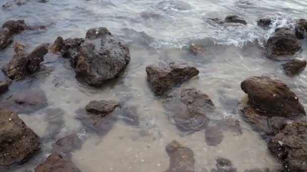 Paysage Panoramique Ralenti Nature Mer Vague Côte Plage Avec Pierre — Video