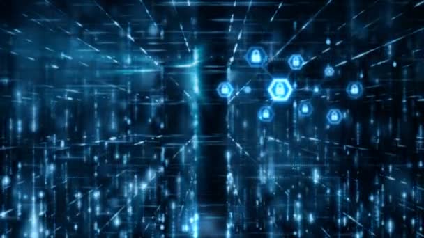 4K Concept de sécurité réseau Bloc de fond abstrait en forme d'hexagone avec ligne de connexion particule et effet d'éclairage flottant et coulant avec noir et grain traité 