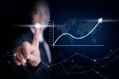 İş adamı işaret eden parmağa hud grafik ve iş fütüristik siber teknoloji kavramı için bar