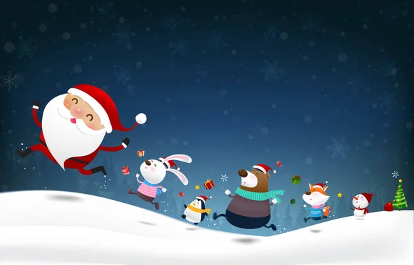 Noël Bonhomme Neige Santa Claus Animal Dessin Animé Sourire Sauter — Image vectorielle