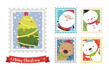 Noel Noel Baba kardan adam ayı ve Ren geyiği karikatür pul çerçeve üzerinde beyaz arka plan vektör çizim