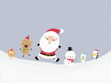 Hayvan ile şirin Santa kardan adam kar yere mutluluktan zıplama karikatür ve düşen düz renk ve sadece tasarım vektör çizim kar