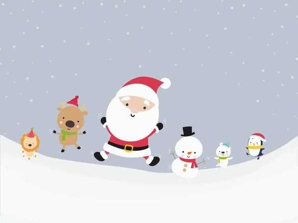 可爱的圣诞老人雪人与动物卡通跳跃与幸福的雪地板和雪下降平坦的颜色和简单的设计矢量插图 — 图库矢量图片