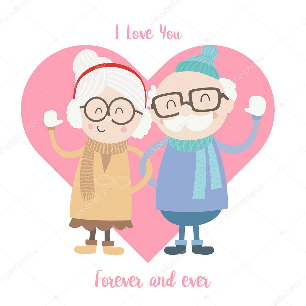 Cute old man and woman couple wearing winter suit cartoon smiling with happiness againts pink heart shape vector illustration eps10