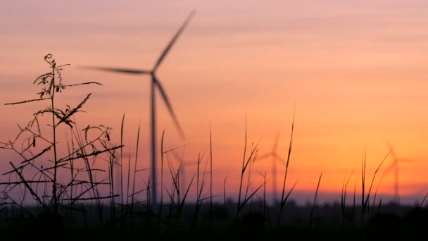 Silhuetten Vindkraftverket Över Solnedgången Ekologi Energikoncept För Elektrisk Maker Tekniken — Stockvideo