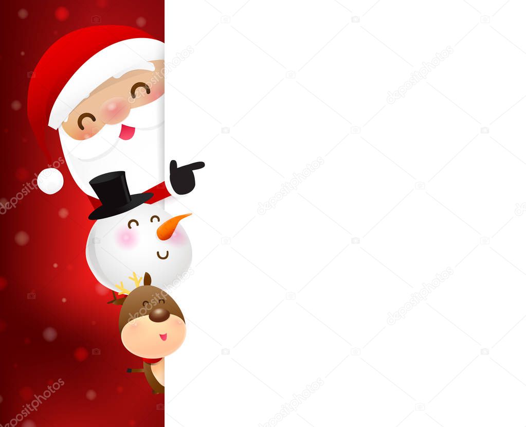 Christmas Santa claus cartoon smile and hiding behind blank paper with copy space and pointing vector illustration 