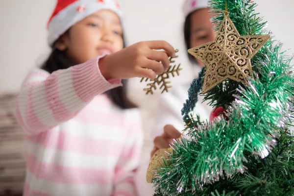 Asian Little Girl Mother Decorating Christmas Tree Party Happiness Select Royalty Free Stock Photos