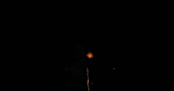 Festeggiamenti Fuochi Artificio Esplodono Brillano Sfondo Scuro Con Scuro Grano — Video Stock