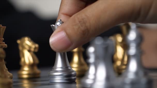 Close Shot Hands Man Playing Golden Silver Chess Select Focus — Stock Video