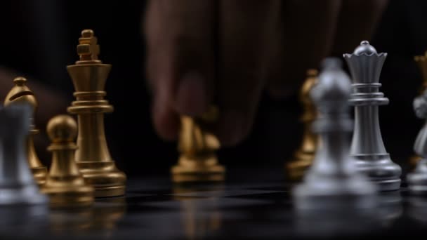 Close Shot Hands Man Playing Golden Silver Chess Select Focus — Stock Video