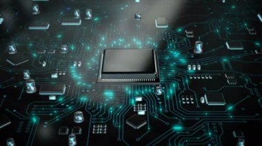 3D Cpu Merkezi işlemci birimi chipset için baskılı devre kartı üzerinde render elektronik ve teknoloji kavramı odak alan sığ derinliği seçin