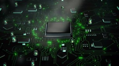 3D Cpu Merkezi işlemci birimi chipset için baskılı devre kartı üzerinde render elektronik ve teknoloji kavramı odak alan sığ derinliği seçin