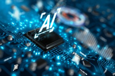 3D AI yapay zeka teknolojisi Cpu Merkezi işlemci birimi chipset için baskılı devre kartı üzerinde render elektronik ve teknoloji kavramı odak alan sığ derinliği seçin