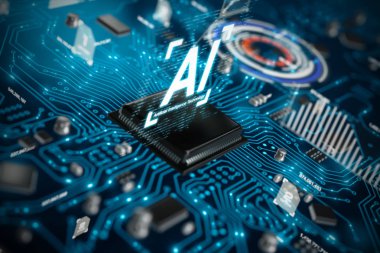 3D AI yapay zeka teknolojisi Cpu Merkezi işlemci birimi chipset için baskılı devre kartı üzerinde render elektronik ve teknoloji kavramı odak alan sığ derinliği seçin