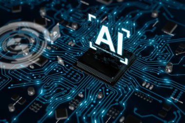 3D AI yapay zeka teknolojisi Cpu Merkezi işlemci birimi chipset için baskılı devre kartı üzerinde render elektronik ve teknoloji kavramı odak alan sığ derinliği seçin