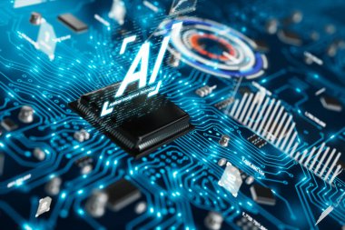 3D render AI artificial intelligence technology CPU central processor unit chipset on the printed circuit board for electronic and technology concept select focus shallow depth of field clipart