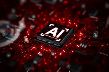 3D AI yapay zeka teknolojisi Cpu Merkezi işlemci birimi chipset için baskılı devre kartı üzerinde render elektronik ve teknoloji kavramı odak alan sığ derinliği seçin
