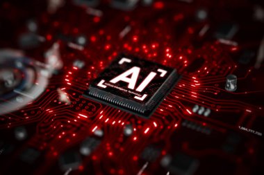 3D render AI artificial intelligence technology CPU central processor unit chipset on the printed circuit board for electronic and technology concept select focus shallow depth of field clipart