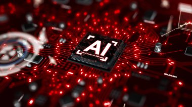 3D AI yapay zeka teknolojisi Cpu Merkezi işlemci birimi chipset için baskılı devre kartı üzerinde render elektronik ve teknoloji kavramı odak alan sığ derinliği seçin