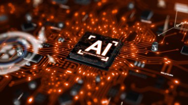 3D AI yapay zeka teknolojisi Cpu Merkezi işlemci birimi chipset için baskılı devre kartı üzerinde render elektronik ve teknoloji kavramı odak alan sığ derinliği seçin